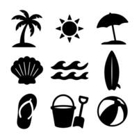 Beach and ocean silhouette icons, summer symbols set vector