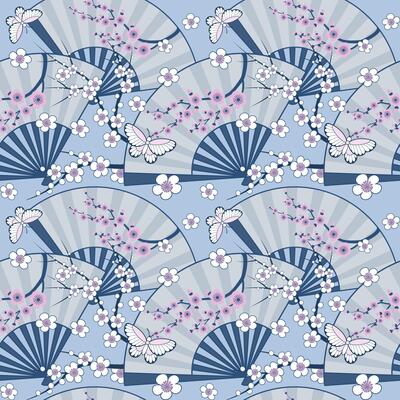 Seamless pattern with Chinese folding hand fan, Plum blossom, and butterfly on light blue background. Japanese vibes wallpaper. Chinoiserie illustration.