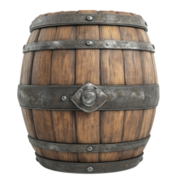 Wooden barrel with metal bands and detailed craftsmanship displayed prominently in a rustic setting, Transparent Background png