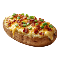 Deliciously loaded baked potato topped with cheese, bacon, and green onions at a casual dining setting, Transparent Background png
