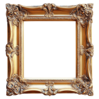 Ornate gold frame with intricate designs ready for artwork display in a gallery setting, Transparent Background png