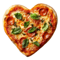 Heart-shaped pizza topped with pepperoni and fresh basil for a delightful meal experience, Transparent Background png