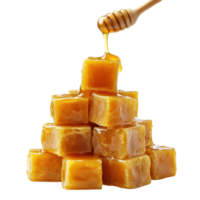 Cubes of golden honey dripping from a wooden spoon stacked in an artistic arrangement, Transparent Background png