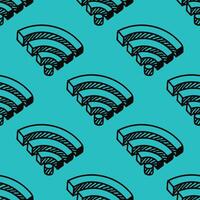 Seamless hand-drawn pattern featuring Wi-Fi signal icons on a bright turquoise background. Perfect for tech-themed designs with a playful or sketch-style aesthetic. vector
