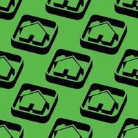 Seamless pattern with isometric house signs in a square frame on a green background. Clean negative space design ideal for real estate, housing, or eco-friendly themes. vector