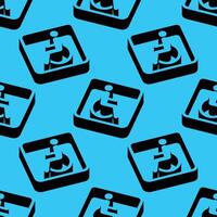 Seamless isometric pattern featuring wheelchair accessibility symbols with strong negative space on a blue background. Modern design for inclusive, public, or medical use. vector