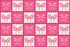 Ribbon bow with heart stamps seamless pattern background illustration. Groovy checkered ornament design for textile, fabric, packaging. Coquette and 70s aesthetic vector