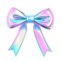 3D chrome bow in Y2K style with liquid holographic metal effect. Glossy reflective surface, pastel rainbow colors, molten shape, metallic sheen, shiny and dreamy. png