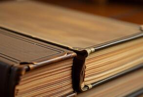 stack of brown books sitting on top of a wooden table photo