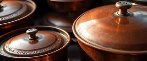 group of pots and pans sitting on top of a table photo