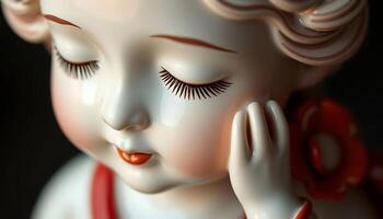 close up of a statue of a child with closed eyes photo
