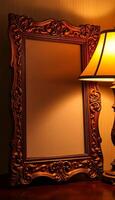 lamp and a mirror on a table photo