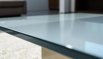 close up of a glass table with a couch in the background photo