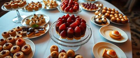 table topped with lots of desserts and pastries photo