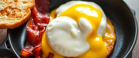 breakfast of eggs, bacon, and toast on a pan photo