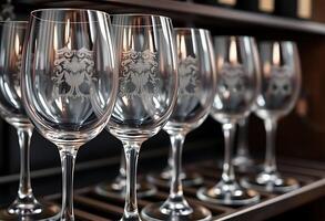 row of wine glasses sitting on top of a shelf photo