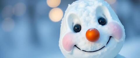 close up of a snowman's face made of marshmallows photo
