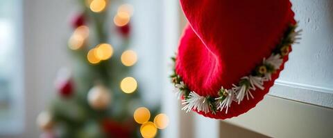 red christmas stocking hanging from the side of a christmas tree photo