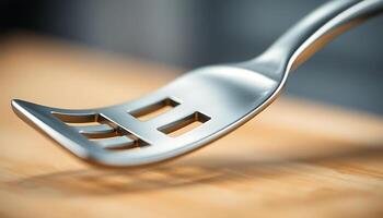 close up of a fork on a wooden table photo
