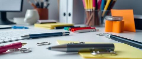 desk with a keyboard and several pens photo