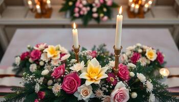 centerpiece with flowers and candles on a table photo