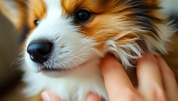 close up of a person petting a small dog photo