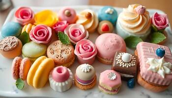 white plate topped with lots of different types of cakes photo