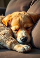 small dog is sleeping on a couch photo