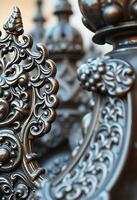 close up of a metal fence with a clock in the background photo