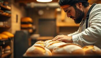 man working in a bakery making bread photo