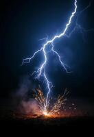 lightning bolt hitting through the sky over a field photo