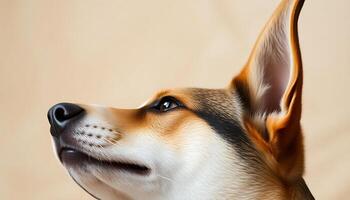 close up of a dog's face looking up photo