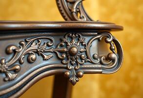 close up of a wooden chair with a metal handle photo
