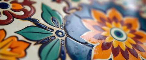 close up of a colorful flower design on a table photo