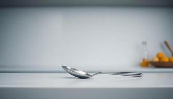 spoon sitting on top of a counter next to a bowl of oranges photo