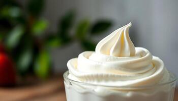 glass jar filled with whipped cream sitting on a table photo