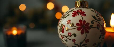 close up of a christmas ornament with candles in the background photo