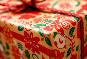 close up of a present wrapped in red and green wrapping paper photo