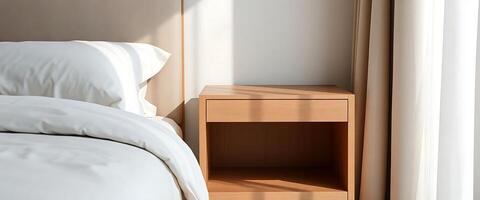 bed with a white comforter and a wooden night stand photo