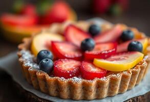 tart topped with fruit and powdered sugar photo