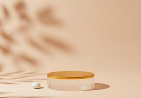 A white container with a gold lid sits on a tan background photo
