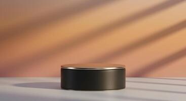 Black round container mockup on white table with orange background photo