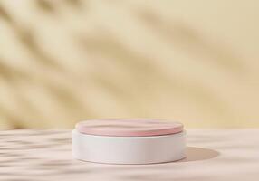 A pink container sitting on a table with a leafy background photo