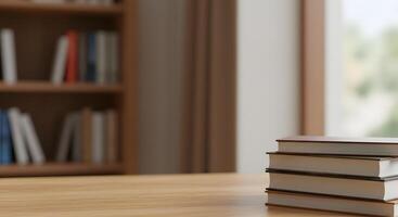 A stack of books on a table in front of a window photo