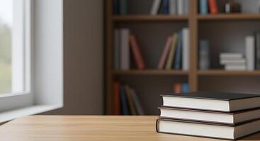 Stack of books on a desk in front of a window photo