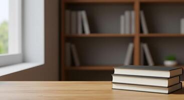 Stack of books on a wooden table in front of a window photo
