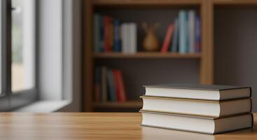 Stack of books on a wooden table in front of a bookcase photo