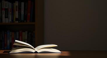 An open book on a table in front of a book shelf photo