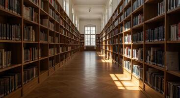 A long hallway with many bookshelves in it photo