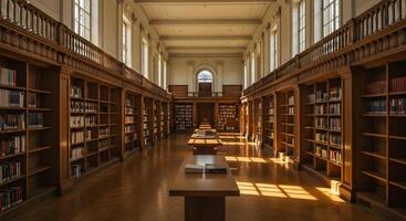 A long, empty library with many books on shelves photo